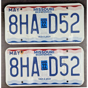 Missouri Bicentennial License Plate Tag Vintage Pair Expired